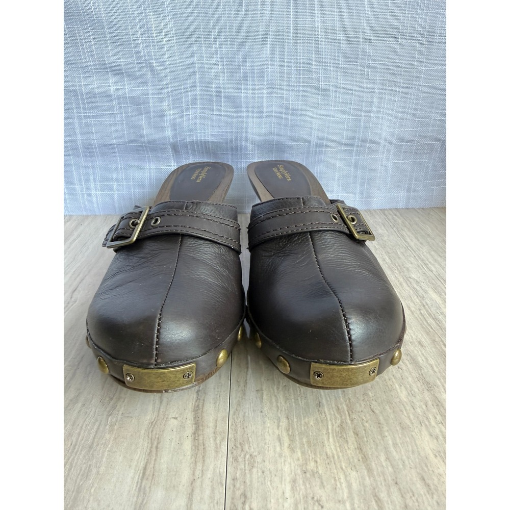 Vera Wang Brown Buckle Mules Chunky Wooden Kitten Heel Clogs Studded Sz 10 Boho - Picture 10 of 12
